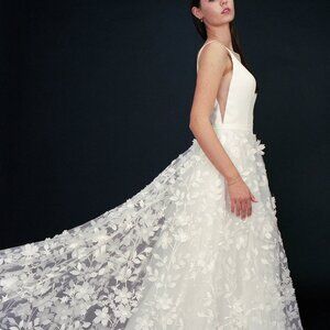 New with tag Deep-V neck Satin bodice 3D floral lace skirt A-line thigh slit